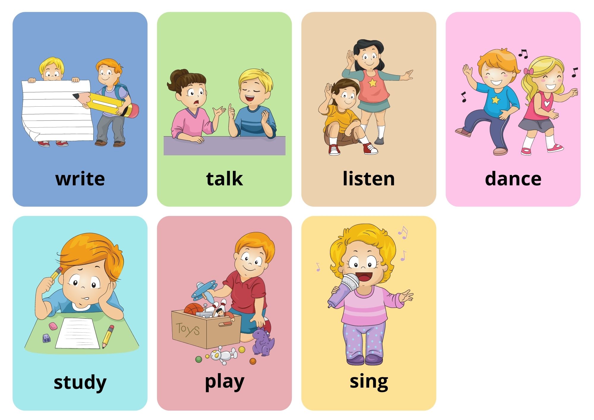 Action Verbs Flashcards With Words 